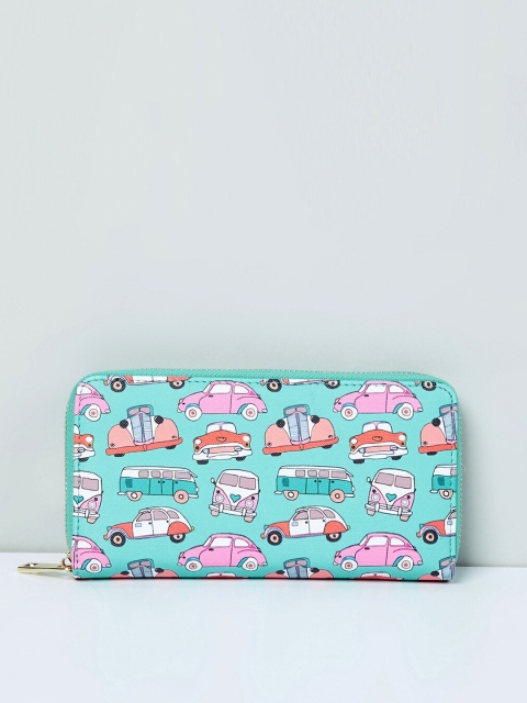 max Women Turquoise Blue & Pink Printed Zip Around Wallet