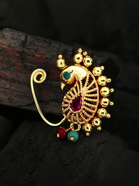 Adwitiya Collection 24-CT Gold-Plated Pink & Green Marathi Peacock Shaped Stone-Studded Pearl Beaded Nose Pin
Adwitiya Collection 24-CT Gold-Plated Pink & Green Marathi Peacock Shaped Stone-Studded Pearl Beaded Nose Pin
