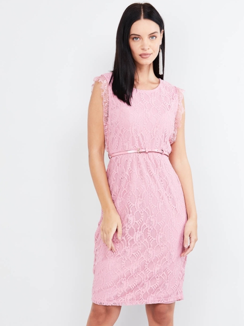 max Women Pink Lace Sheath Dress