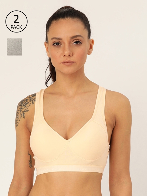Lady Lyka Grey Melange & Beige Pack of 2 Solid Workout Bra PROVOGUE