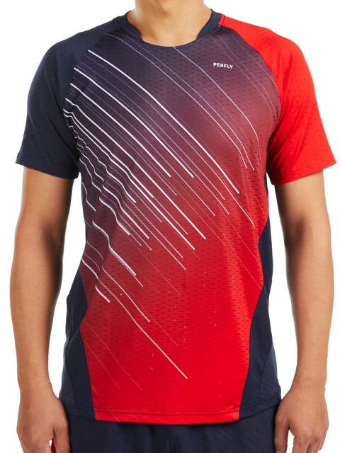 PERFLY By Decathlon Men Navy Blue & Red Striped Round Neck T-shirt