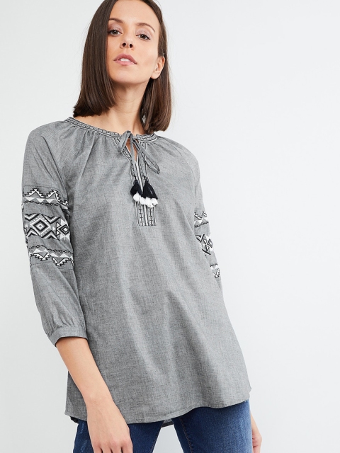 max Women Grey & Black Embroidered Tunic