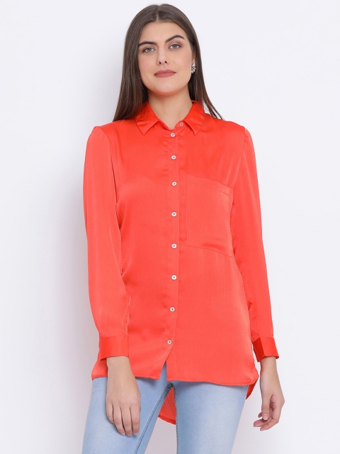Oxolloxo Women Orange Regular Fit Solid Casual Longline Shirt