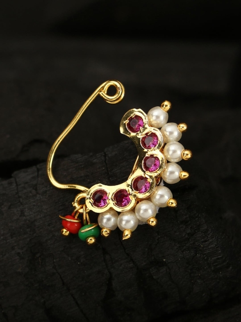 Adwitiya Collection 24K Gold-Plated & Maroon CZ Stone-Studded Nosepin with Pearls