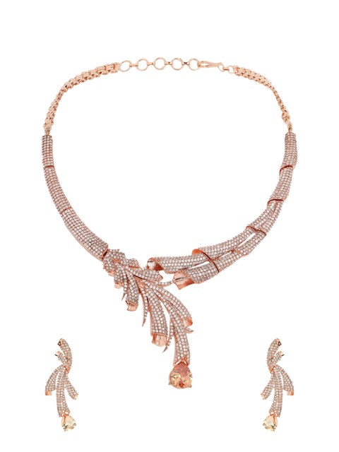 ANIKAS CREATION Rose Gold-Plated & White American Diamond Studded Jadau Designer Jewellery Set
ANIKAS CREATION Rose Gold-Plated & White American Diamond Studded Jadau Designer Jewellery Set