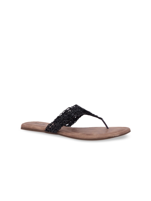 Inc 5 Women Black Textured T-Strap Flats