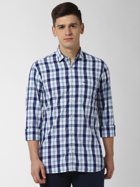 Peter England Casuals Men White & Blue Slim Fit Checked Casual Shirt