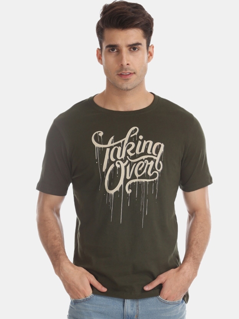 Newport Men Olive Green Printed Round Neck T-shirt