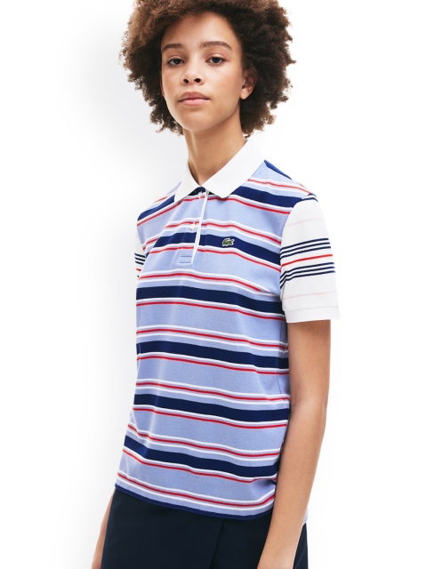 Lacoste Women Blue Striped Polo Collar T-shirt