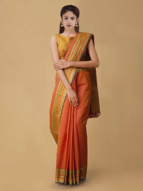 Unnati Silks Orange Solid Pure Kanchi Cotton Handloom Saree