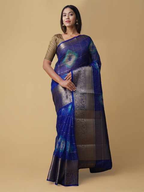 Unnati Silks Blue Silk Cotton Checked Banarasi Saree