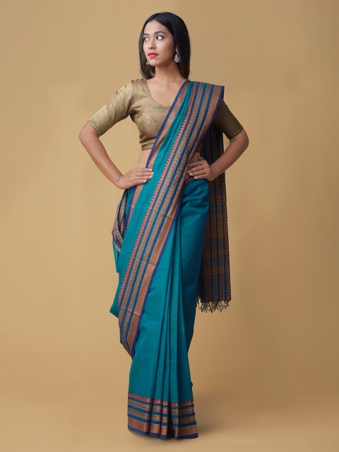 Unnati Silks Blue Solid Pure Kanchi Cotton Saree