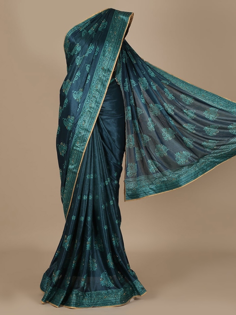 Pothys Blue Printed Jute Silk Saree