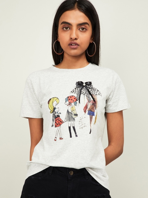 Ginger by Lifestyle Women Grey Melange Printed Pure Cotton Top