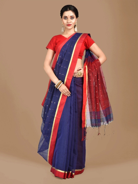 Mitera Navy Blue Woven Design Cotton Handloom Blend Saree