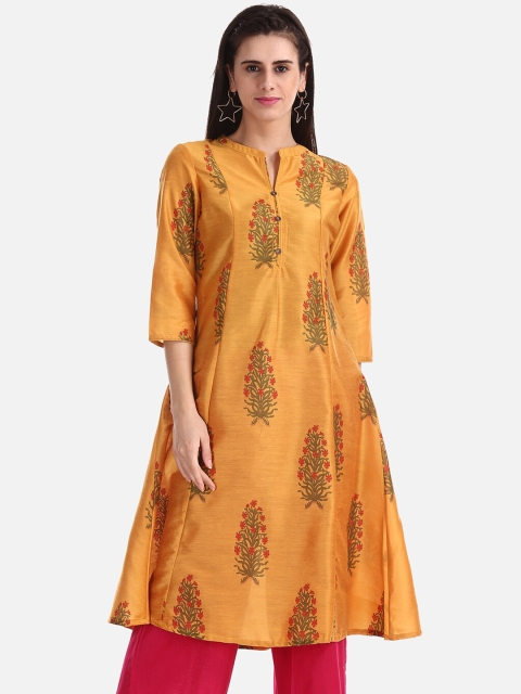 Anahi Women Mustard Yellow & Green Printed A-Line Kurta