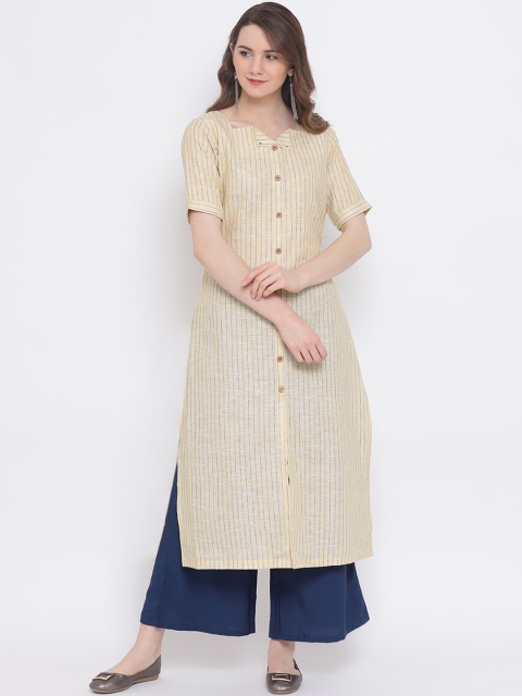 Indian Virasat Women Yellow & White Striped Straight Kurta