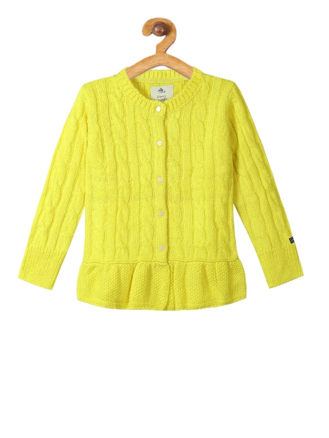 Cherry Crumble Girls Yellow Self Design Cardigan Sweater