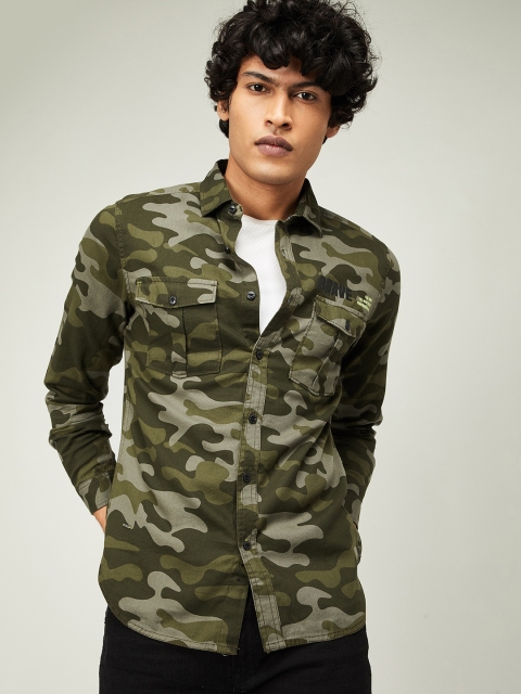 Forca Men Olive Green Slim Fit Camouflage Printed Casual Shirt