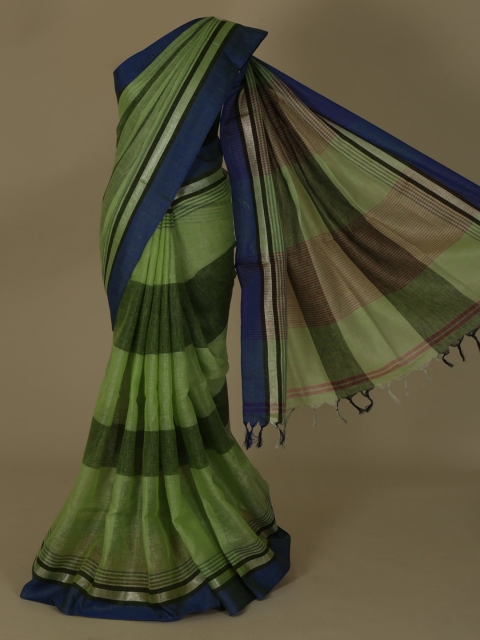 Pothys Green & Blue Pure Linen Striped Saree
