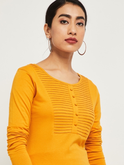 max Women Yellow Solid Pure Cotton Top