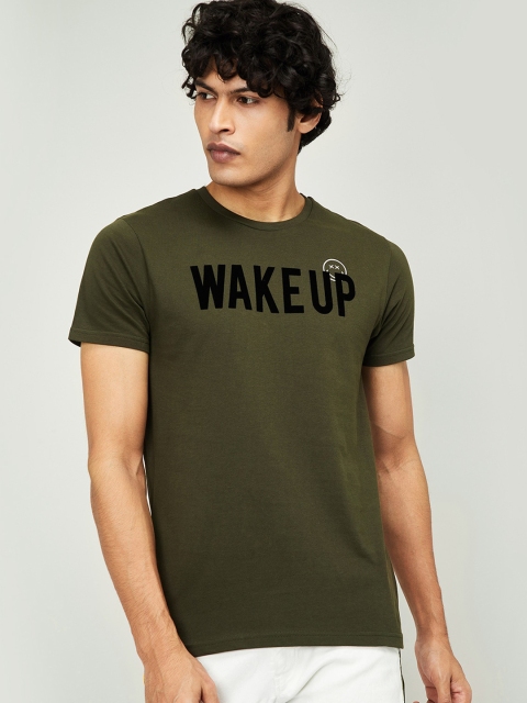SmileyWorld Men Olive Green Printed Round Neck T-shirt