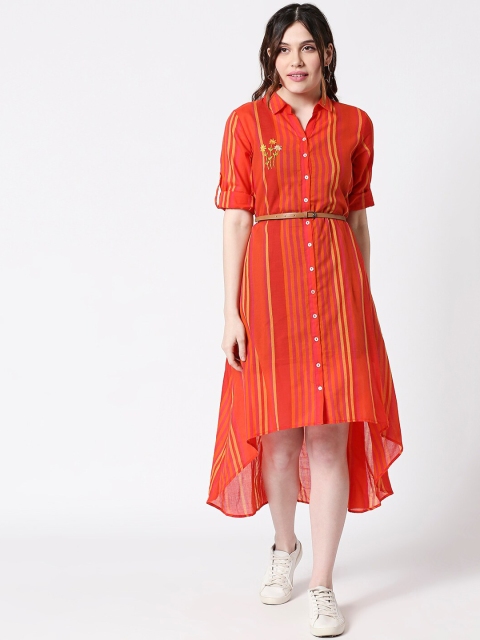 TERQUOIS Women Orange Striped A-Line Dress