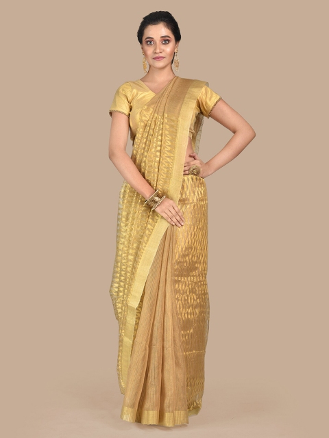 Mitera Gold-Toned & Beige Pure Silk Woven Design Saree