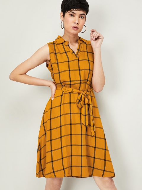 Fame Forever by Lifestyle Women Mustard Yellow & Black Checked Shirt Dress