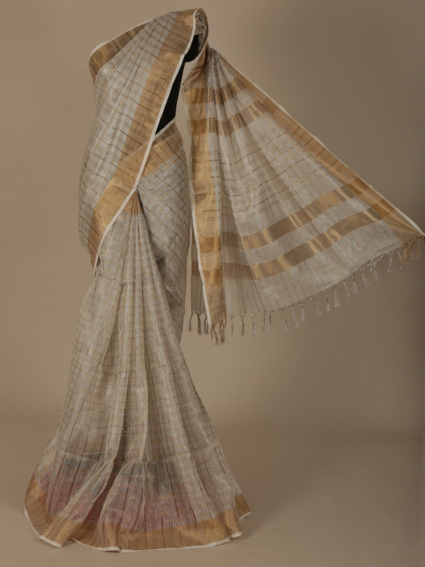 Pothys Cream-Coloured & Gold-Toned Pure Linen Checked Saree