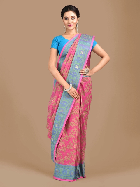 Mitera Pink & Blue Pure Cotton Woven Design Jamdani Saree