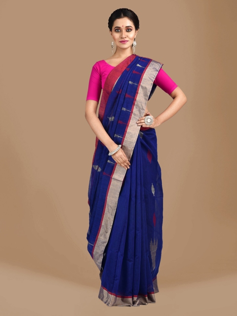 Mitera Navy Blue & Gold-Coloured Cotton Blend Woven Design Handloom Saree