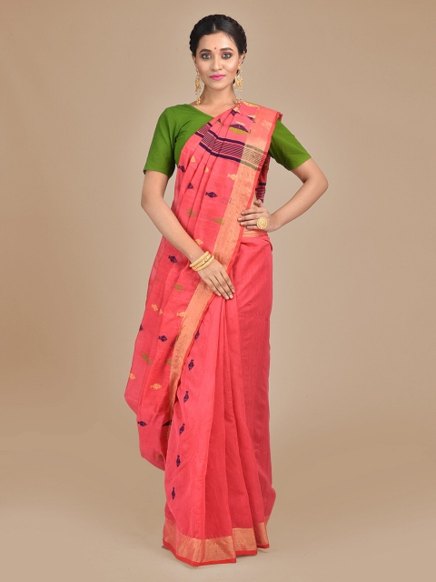 Mitera Peach-Coloured Cotton Blend Woven Design Taant Saree