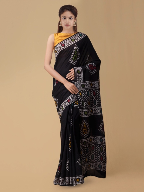 Unnati Silks Black & Off-White Pure Cotton Printed Saree
