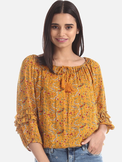 Cherokee Women Mustard Yellow Floral Printed Blouson Top