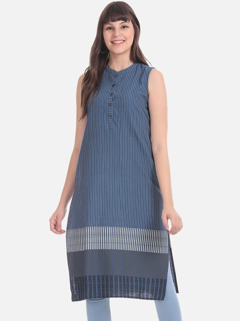 Karigari Women Blue & Grey Striped A-Line Kurta