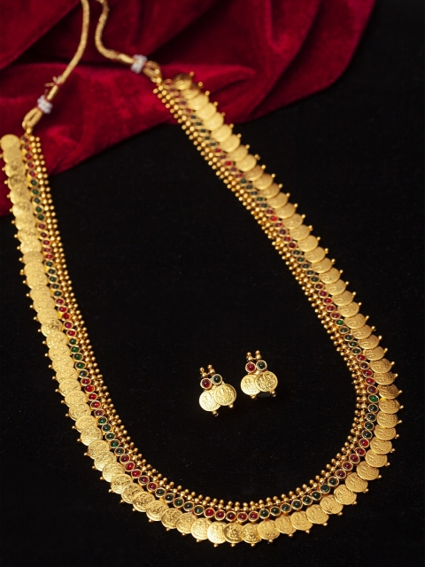 PANASH Gold-Plated Red & Green Stone-Studded Handcrafted Sustainable Jewellery Set