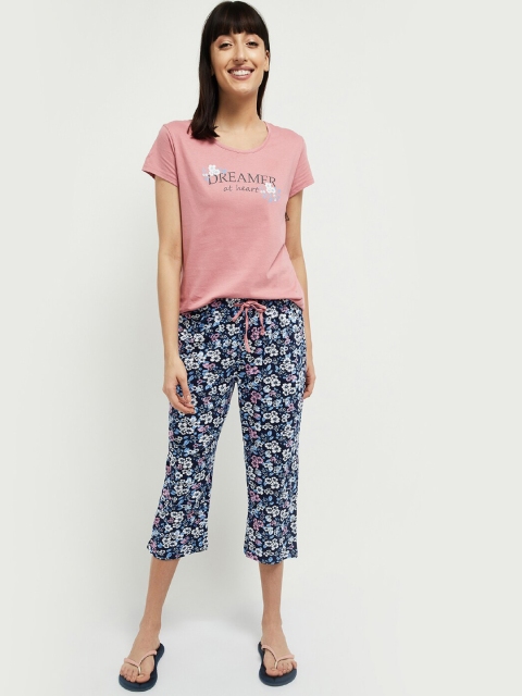 max Women Pink & Navy Blue Printed Night suit
