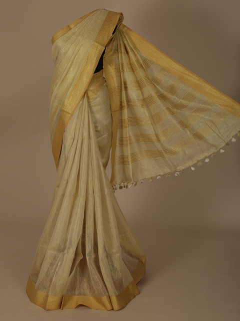 Pothys Cream-Coloured Solid Pure Linen Saree