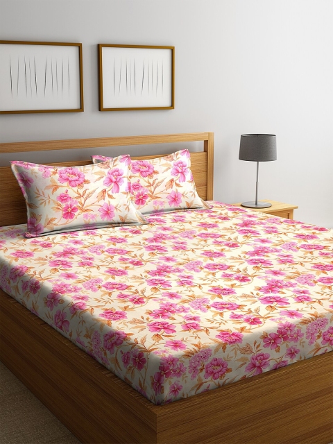 BOMBAY DYEING Pink & Beige Floral 120 TC Polycotton 1 Queen Bedsheet with 2 Pillow Covers