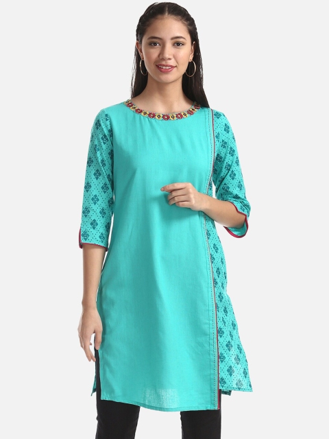 Karigari Women Sea Green Printed A-Line Kurta