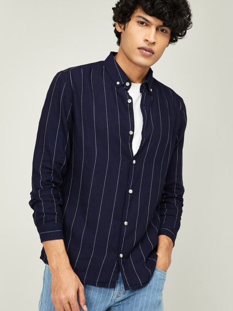 Forca Men Navy Blue Slim Fit Striped Casual Shirt