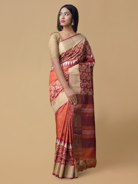 Unnati Silks Orange Pure Silk Woven Design Tussar Saree