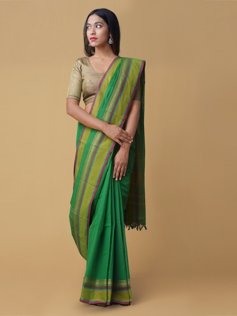Unnati Silks Green Solid Pure Kanchi Cotton Handcrafted Saree