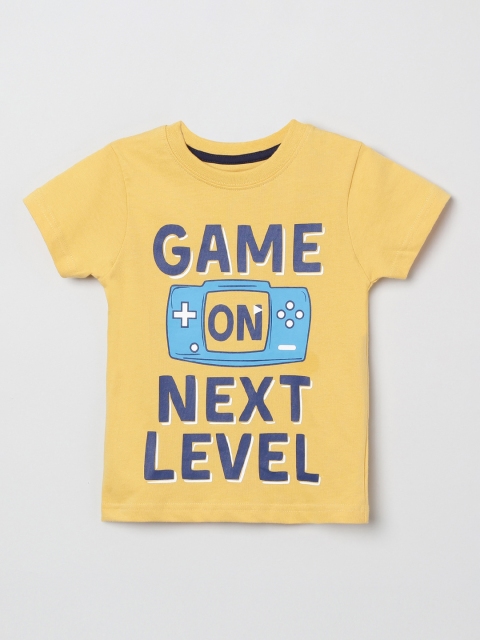 max Boys Yellow & Navy Blue Printed Round Neck T-shirt