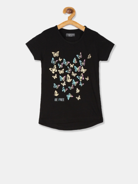 Cherokee Girls Black Printed Round Neck T-shirt