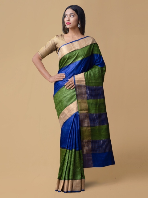 Unnati Silks Green & Blue Pure Silk Colourblocked Tussar Saree