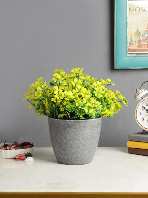 FOLIYAJ Yellow & Green Artificial Daisy Flowers Plant With Grey Pot