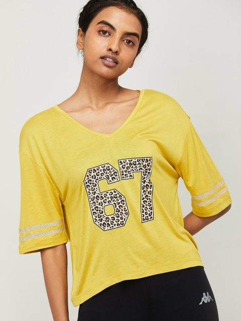 Kappa Women Yellow Printed V-Neck T-shirt