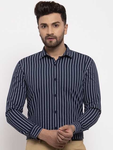 JAINISH Men Navy Blue Smart Slim Fit Striped Formal Shirt